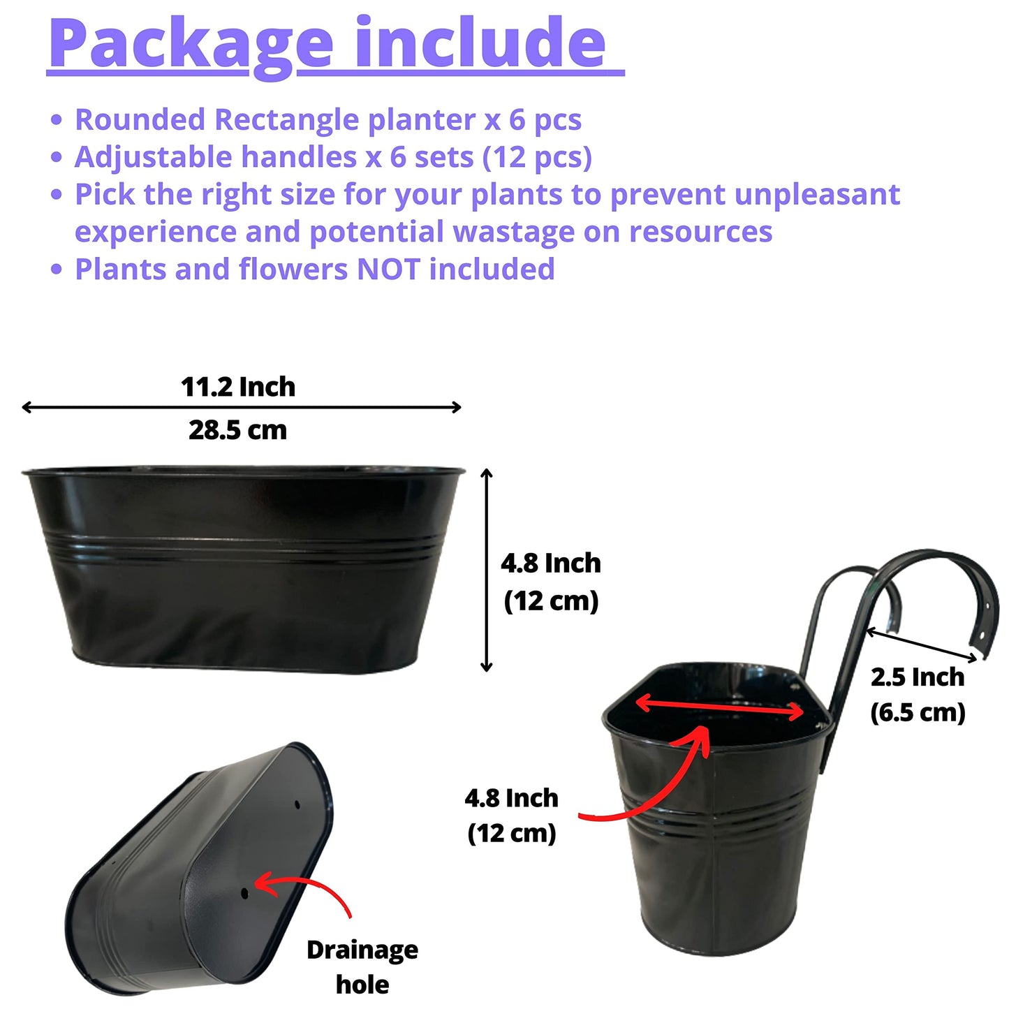 LaLaGreen Outdoor Plants Rail Planter Plants (6 Pack, 11.2 Inch) Black Metal Iron Hanging Flower Pots Deck Railings Fence Buckets Modern Style Wall Mount Window Box Plant Holder with Hooks Porch Decor