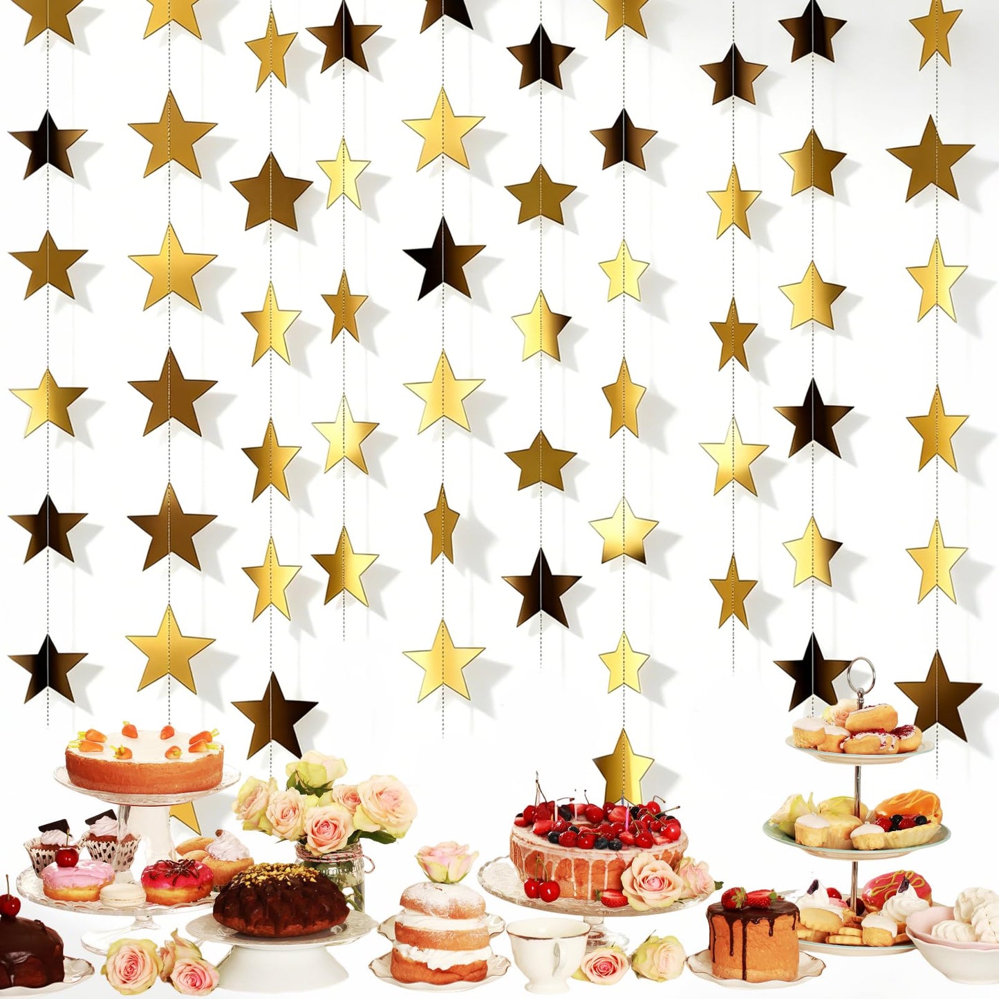 10 Pack Gold Star Garland 130FT Hanging Star Decorations, Double Sided Glitter Star Banner Streamers, Paper Star Garland for Party Wedding Birthday Graduation Ceiling Wall Decor