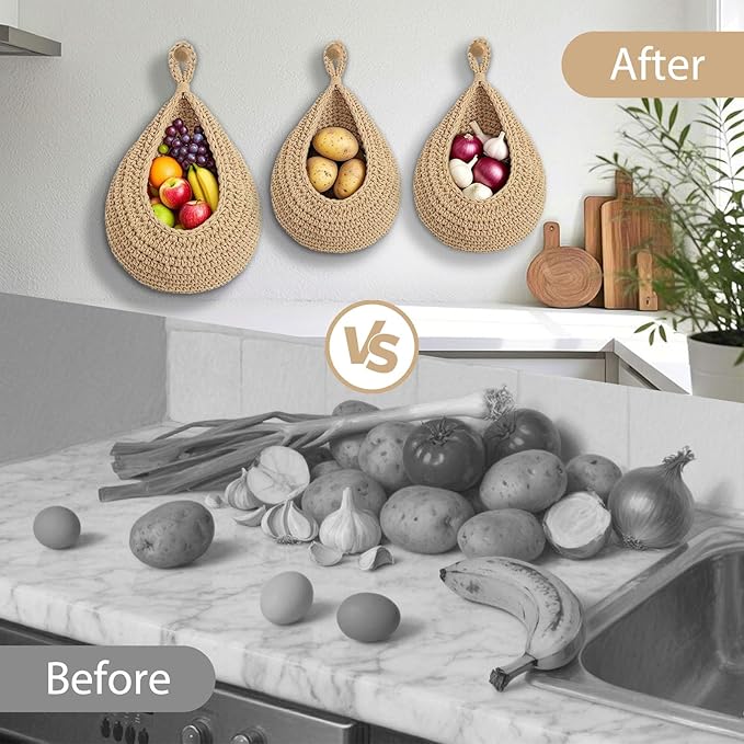 Halidali Hanging Fruit Baskets for Kitchen, 3 Pack Boho Cotton Rope Handwoven