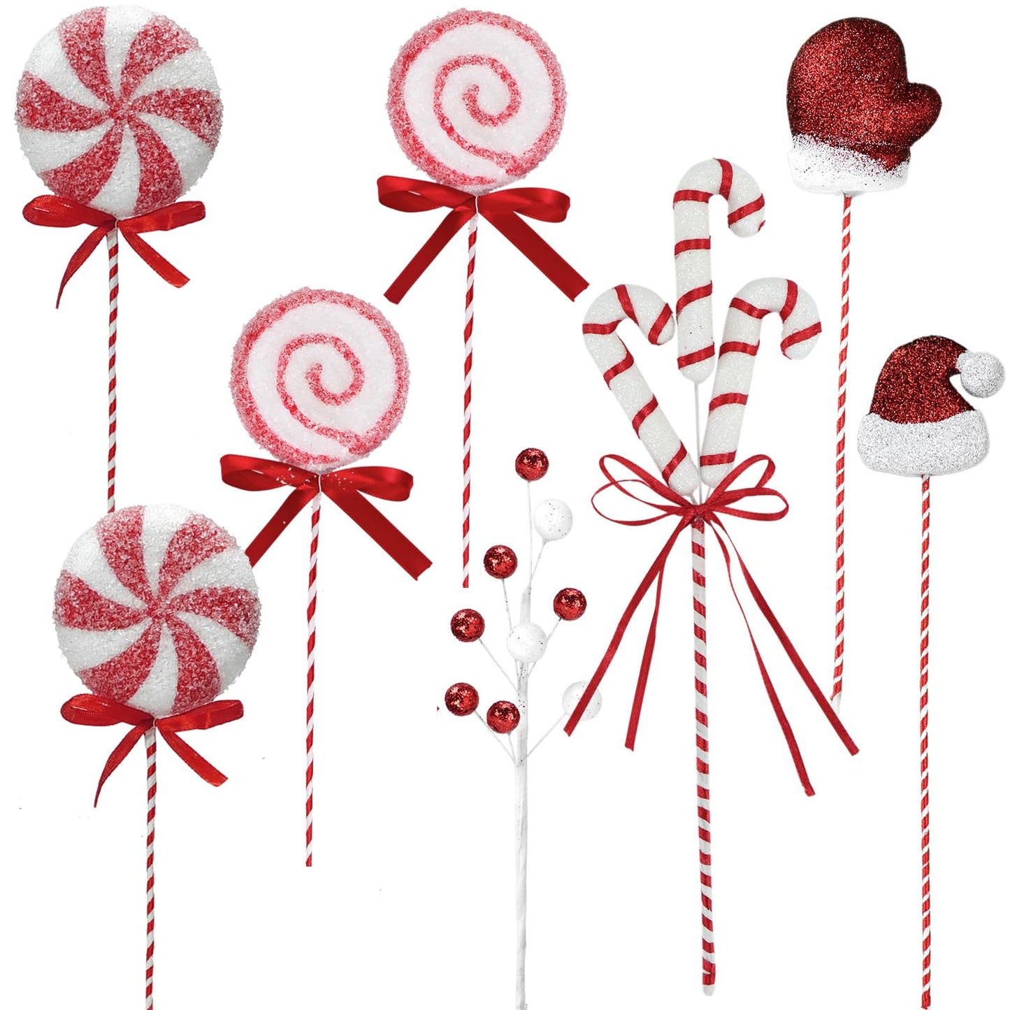 8 Pcs Christmas Candy Picks Set, Christmas Tree Decorations Picks Santa Hat Gloves Candy Cane Balls Peppermint Candy Picks Vase Filler Crafts & Tree Ornament Wreath Holiday Decorations （Red）