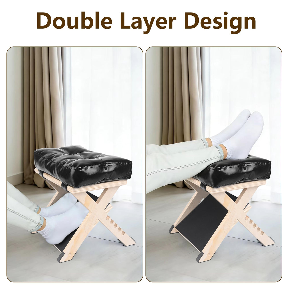 Adjustable Double Step Under Desk Footrest with 5 Height Options, Ergonomic Foot Rest Stool with Black Cushion for Office Home, Ottoman for Work and Computer Gaming Comfort.