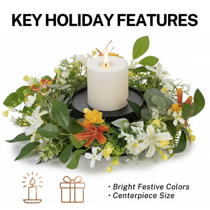 MOYEE Summer Centerpieces for Tables Wreath with Candle Holder,Candle Ring, Black Metal Candlestick with an Artificial Wreaths 14 in Versatile Dining Table Centrepiece (an Orange and White Wreath)