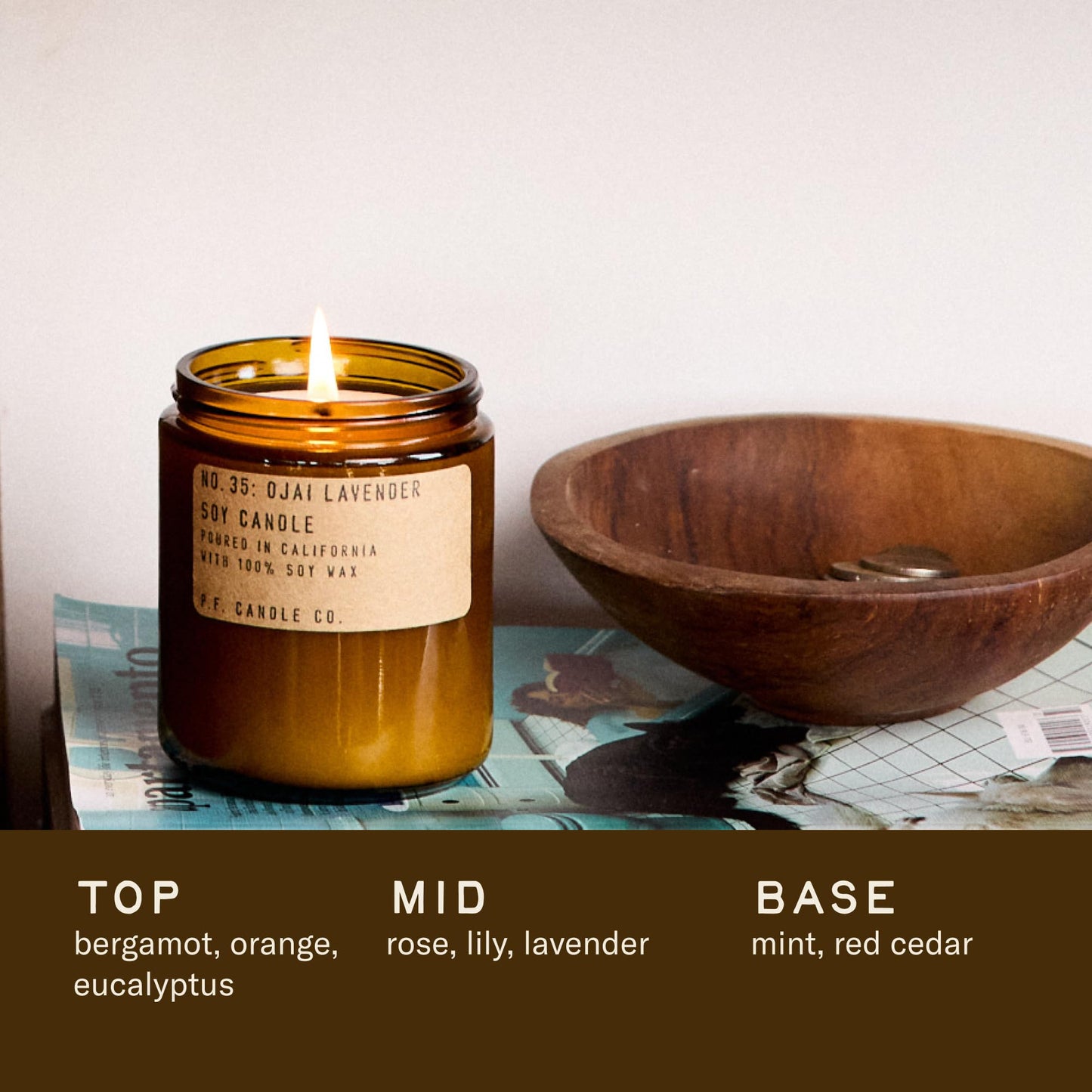 P.F. Candle Co. Ojai Lavender Classic Standard Scented Soy Wax Candle (7.2 oz) 40-50 Hour Burn Time, Amber Glass Jar, Made in The U.S.A.