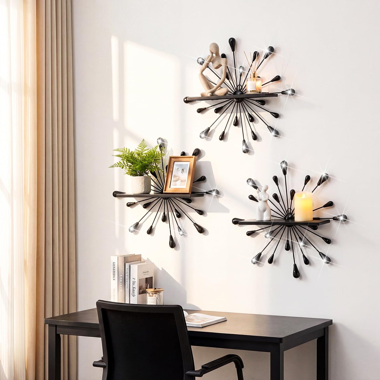 Yaocom 3 Pcs Bling Crystal Floating Shelves Metal Starbursts Wall Decor Folding Shelf Black Corner Shelves Hanging Wall Mounted for Storage Bedroom Bathroom Living Room Kitchen Office Home Decoration