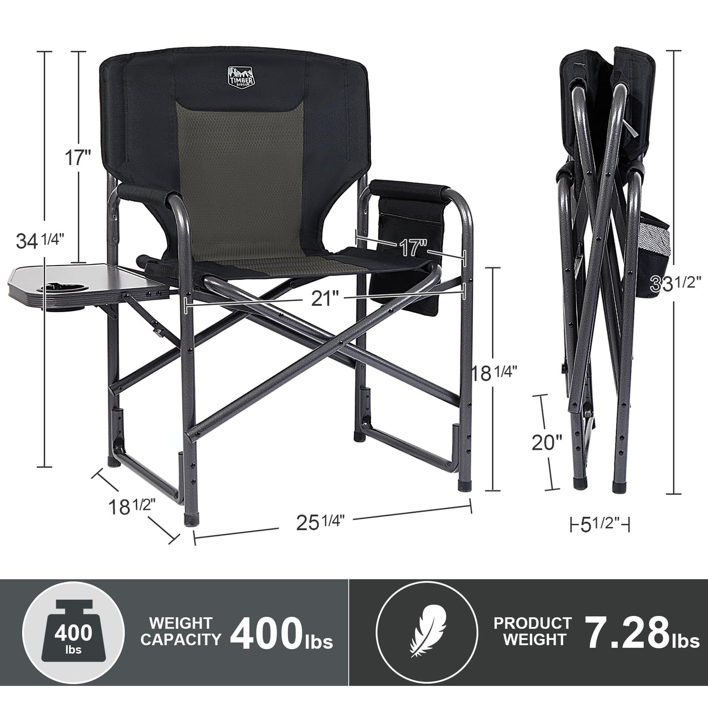 TIMBER RIDGE Aluminum Oversized Camping Chair, Lightweight Portable Directors Chair with Side Table Detachable Side Pocket for Outdoor Camping, Lawn, Picnic, Support 400lbs Black 2 Pack
