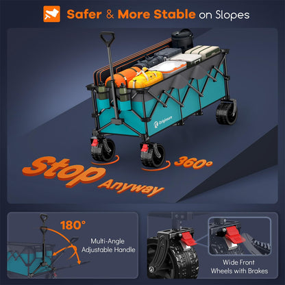 48" L Collapsible Beach Wagon Cart Foldable, 560LB Weight Capacity 300L Heavy Duty Folding Wagons with Big All-Terrain Wheels, Utility Carts for Groceries, Shopping, Camping, Sports - Grey&Turquoise