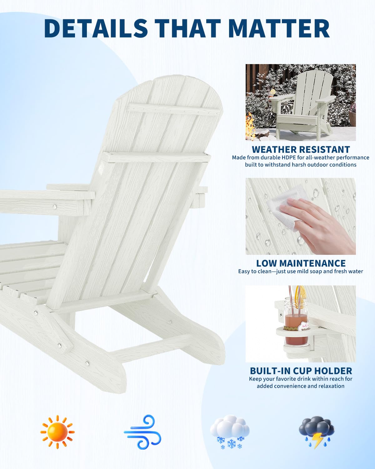 Garvee Folding Adirondack Chair Set of 4 with 2 Side Table, HDPE Outdoor Patio Chair with Cup Holder, All Weather Resistent Wooden Textured for patios, Decks, Gardens, fire Pit, White