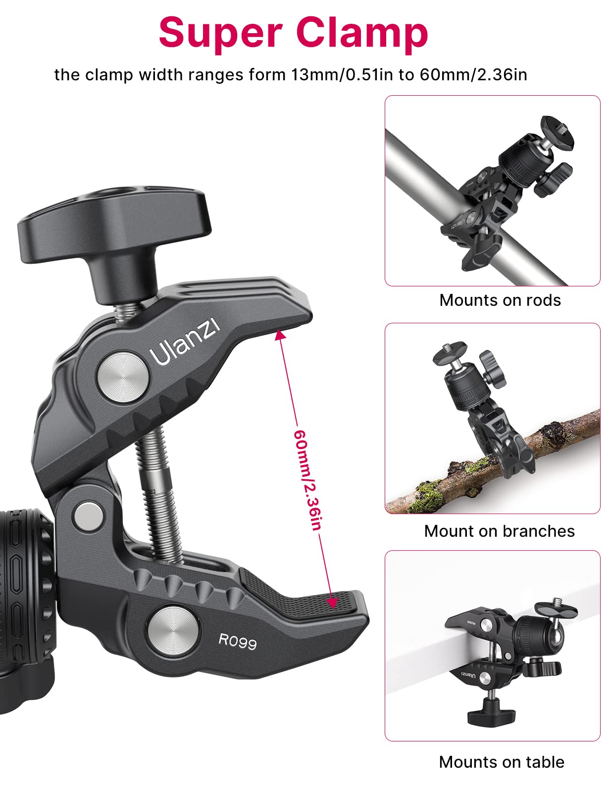 ULANZI R099 Super Clamp Camera Mount - Heavy Duty 3.3lb Load Metal Clamp with 360° Ball Head for Action Cameras (GoPro/Insta360/DJI), DSLR, Bike/Motorcycle Handlebar, Pole/Tube Mount Accessories