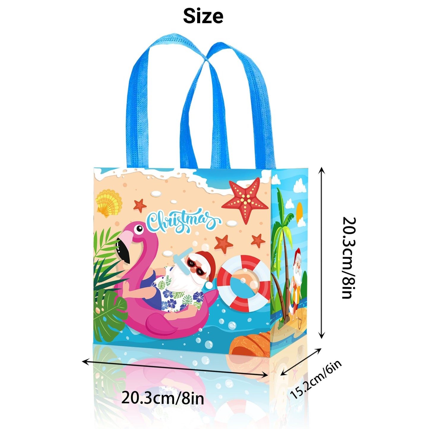 KYMY 6PCS Summer Christmas Party Favor Bags, Tropical Hawaiian Non-Woven Gift Totes with Handles, Beach Treat Bags with Santa & Flamingo for July Xmas Luau Holiday Party Decorations