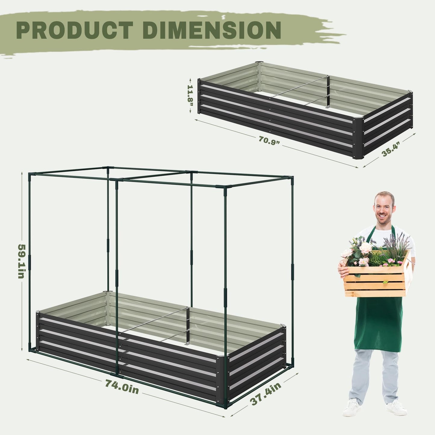 SUNYRISY Galvanized Raised Garden Bed with Protection Netting, Outdoor Metal Planter Box with Plant Crop Cage, Garden Box Protection for Gardening Vegetables Flowers Herbs Planting, Black