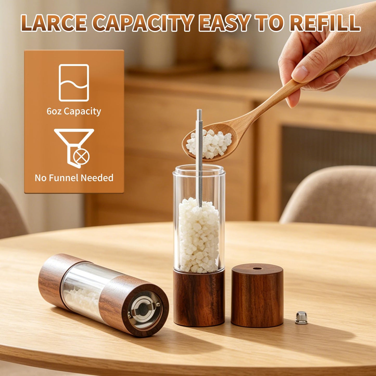 Acacia Wood Premium Acrylic Salt and Pepper Grinder Set, 2 Pack 8 Inches Refillable Salt and Pepper Mill Set, Manual Mills- Crafted of Solid Wooden Shakers with Adjustable Ceramic Core