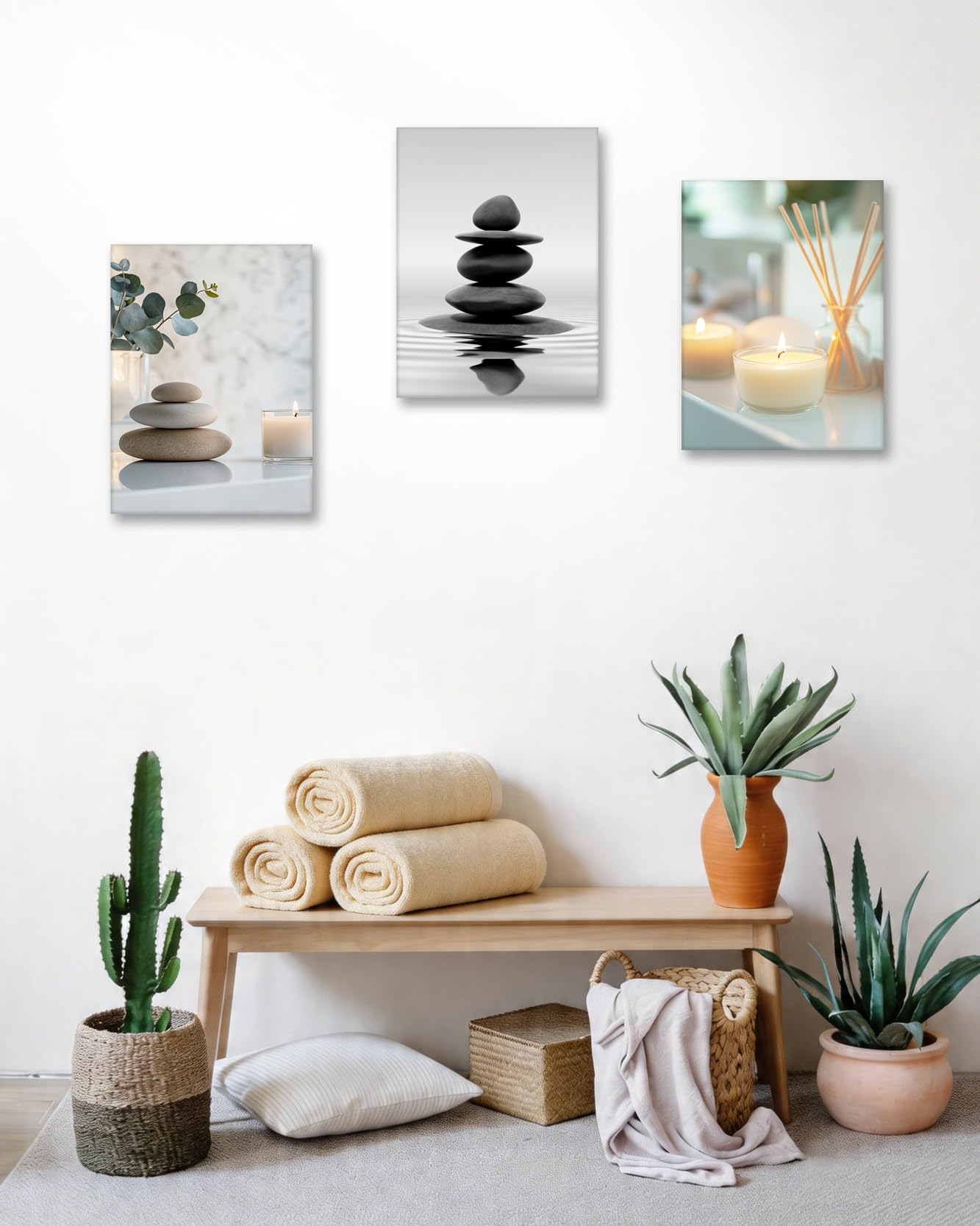 HesenDot 12x16in Spa Bathroom Wall Art - Relaxing Zen Stones Candles Canvas Print, Calming Aesthetic Poster, Minimalist Warm Wall Decor for Yoga Room Bedroom Master Bath Home, Set of 1
