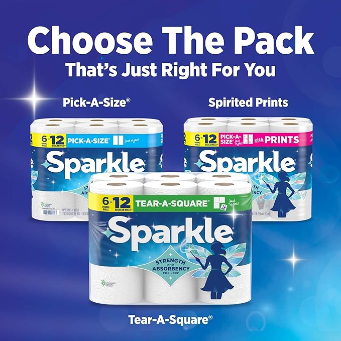 Sparkle Tear-A-Square Paper Towels, 3 Triple Rolls = 9 Regular Rolls, Strong