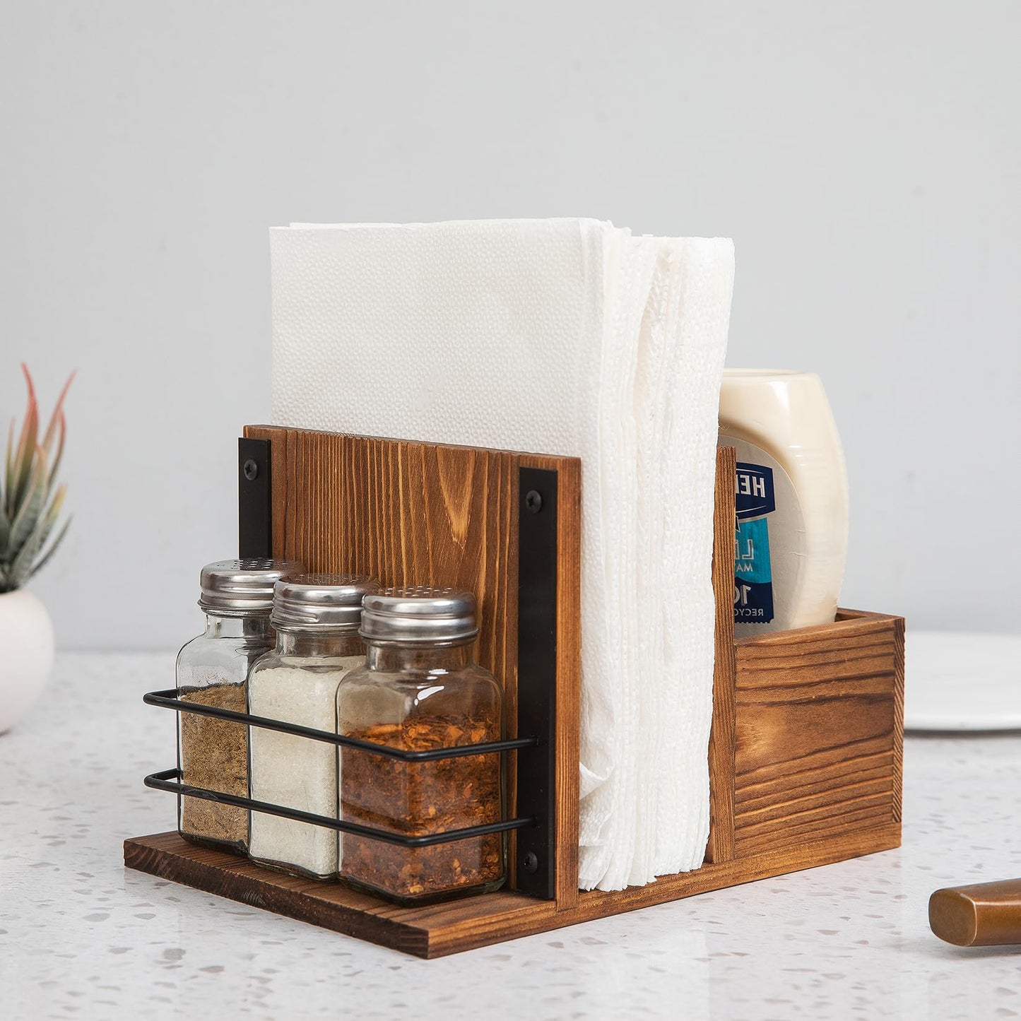 ExoLiry Rustic Burnt Wooden Kitchenware Organizer Napkin Utensil Spice Holders Table Seasoning Shakers Chalkboard Label Countertop Salt Pepper Caddy Wood Kitchen Dining Room Restaurant Café Home