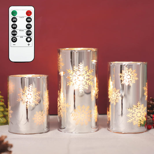 GORGE MOMENT Flameless Candles with Remote, Christmas Holiday LED Flickering Candles, Snowflake Candle Glass, Battery Operated, Xmas Gift Decorations Bathroom Home Party Decor [x3]