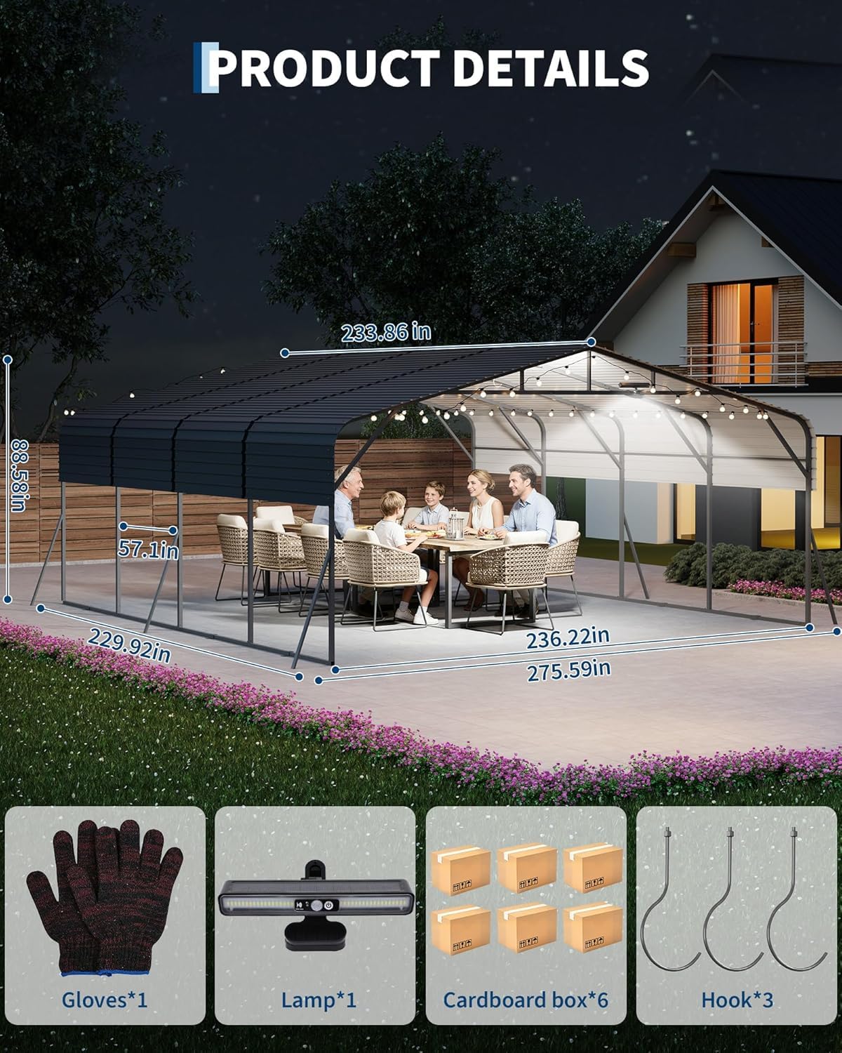 Garvee 20x20ft Heavy Duty Metal Carport, 2-Car Carport Kit with Solar Lights, RV Boat Trailer Steel Garage Shelter, Durable Color Steel Roof