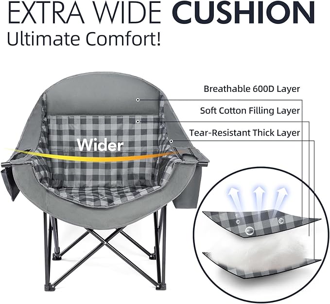 Oversized Camping Chair for Adults - Heavy Duty Outdoor Padded Large Lawn Camp Chair with Cup Holder Cooler Pockets for Sports Beach Fishing Garden Portable Supports 500lbs, Grey 2 Pack