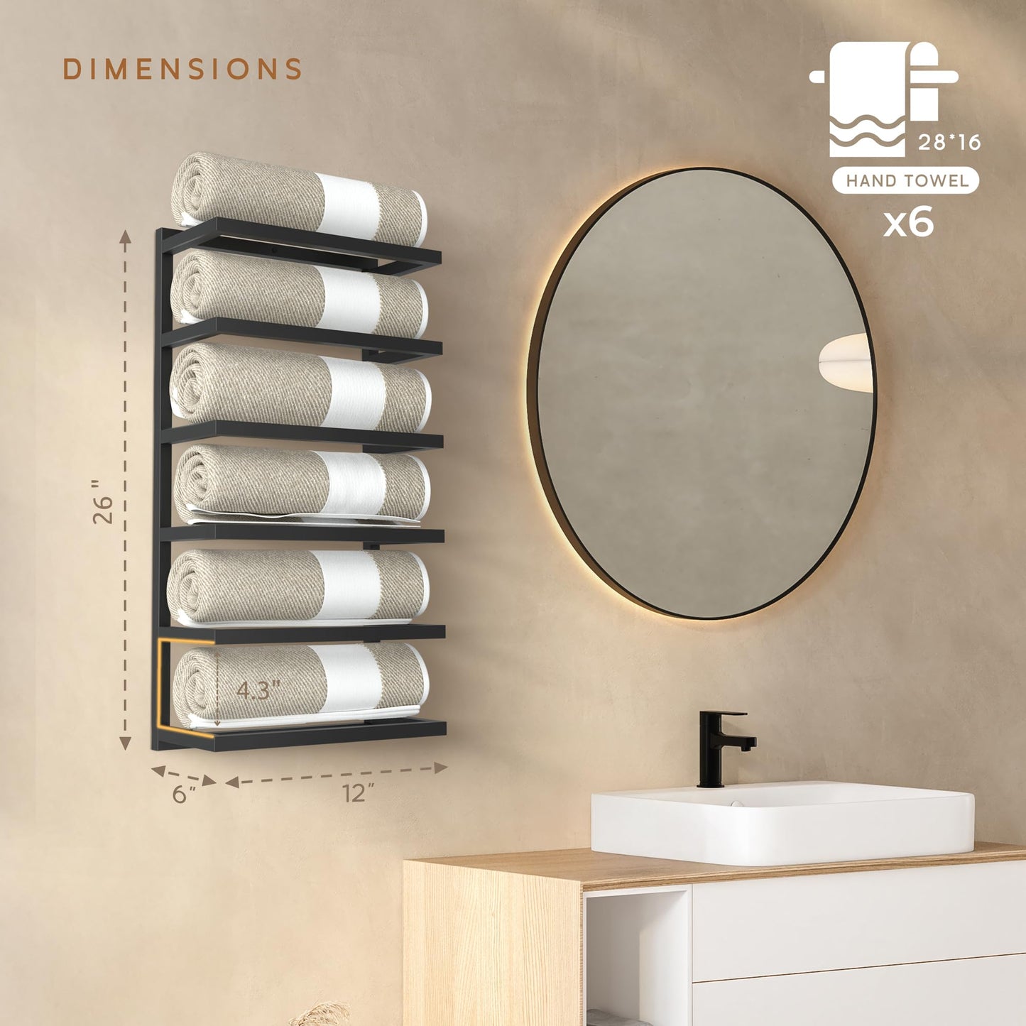Wita Home Modern 5-Tier/6-Tier Towel Rack - Wall-Mounted Black Metal Towel Shelf for Bathroom, Space-Saving Storage for Towels, Organizers, and Home Decor (6-Tier)