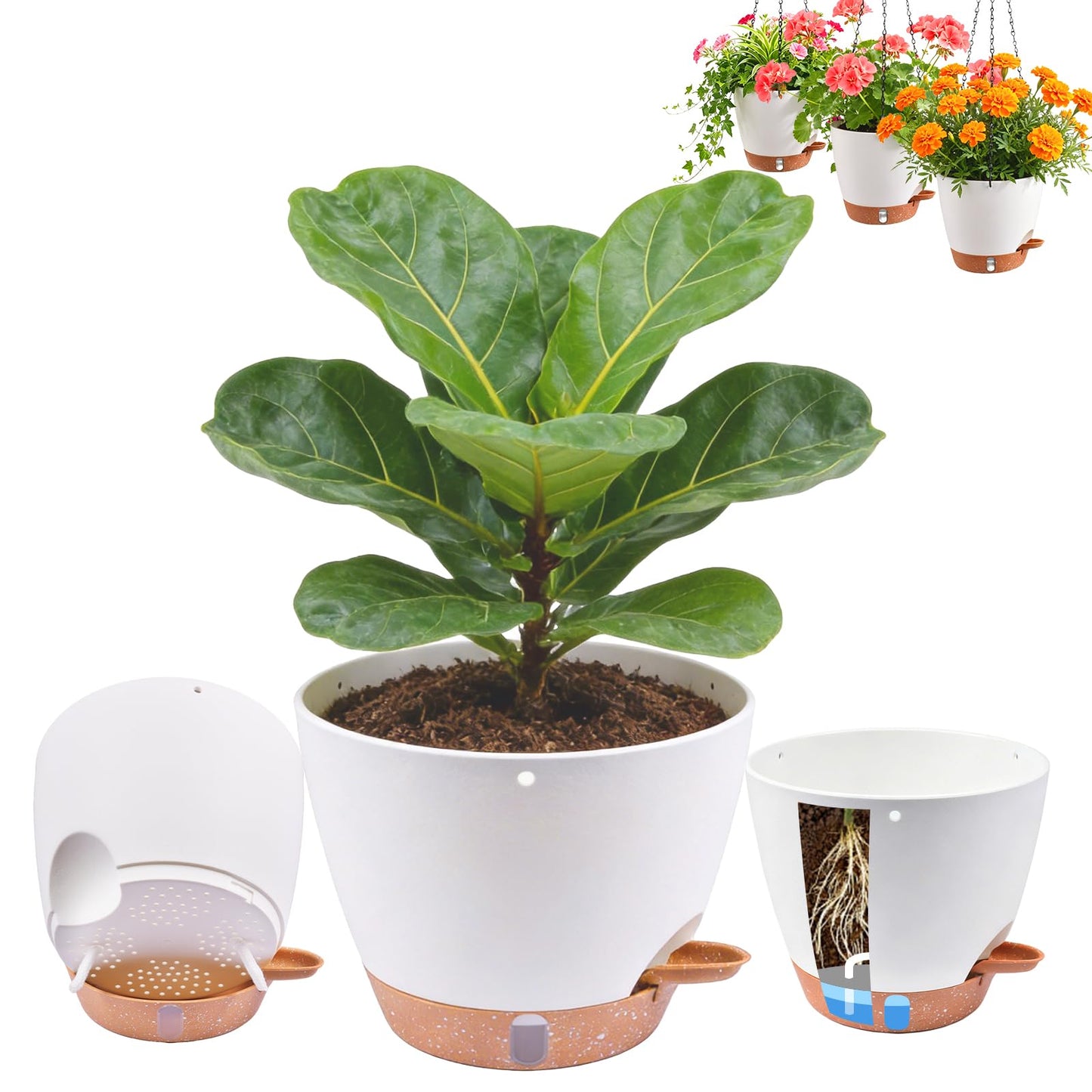 Heyfriday 3 Pack 8/9/10 Inch Hanging Self Watering Pots for Indoor/Outdoor Plants with Deep Reservoir,Drainage Holes,Water Level Indicator,Modern Decorative Flower Pots with Removable Hooks(White)