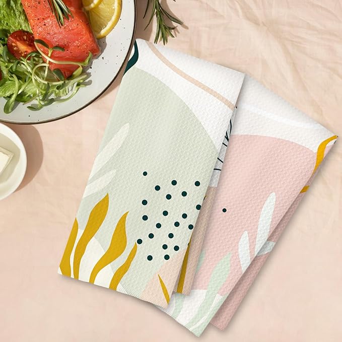 Abstract Boho Floral Kitchen Towels Set of 2, Mid Century Modern Hand Towels