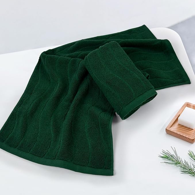 Jacquotha 2-Piece Hand Towels Set in Forest Green, Wavy Striped Jacquard Towels
