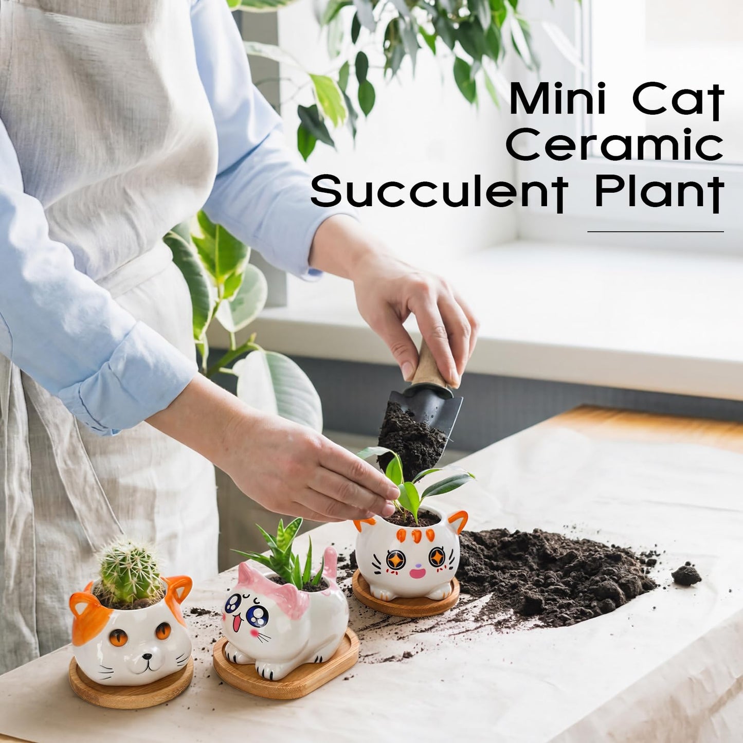 Cindeer 18 Pcs 2.5 Inch Cat Ceramic Succulent Planter Pots – Cute Cat Small Pots with Drainage Hole and Bamboo Tray for Succulents, Cactus, Home Garden Office Desk Decoration Gift Ideas