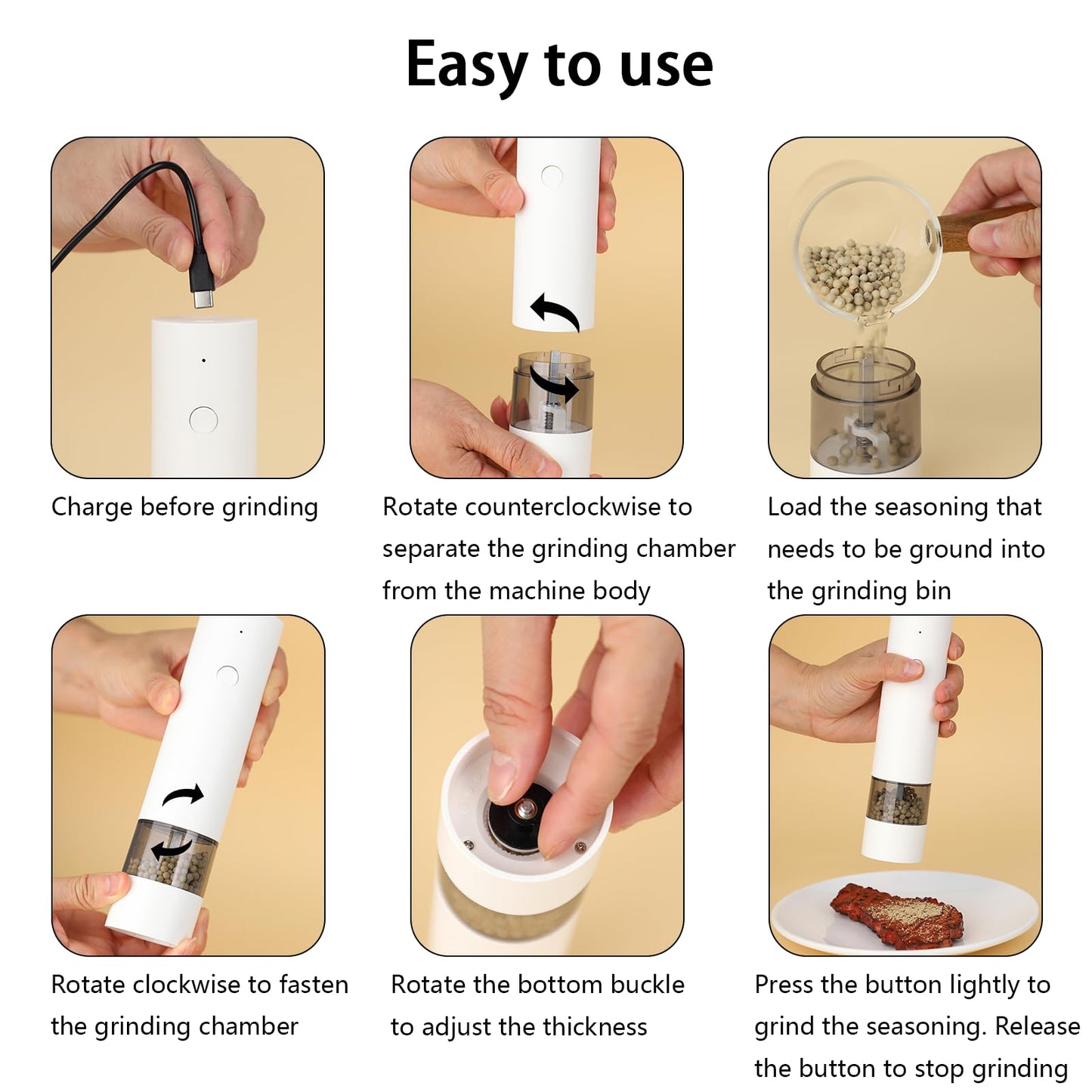 Electric Pepper Grinder,Electric Pepper Mill Grinder,Adjustable Coarseness,Efficient And Convenient,Easy To Clean,One Handed Operation,Type-C Rechargeable, A Reliable Assistant In The Kitchen(White)