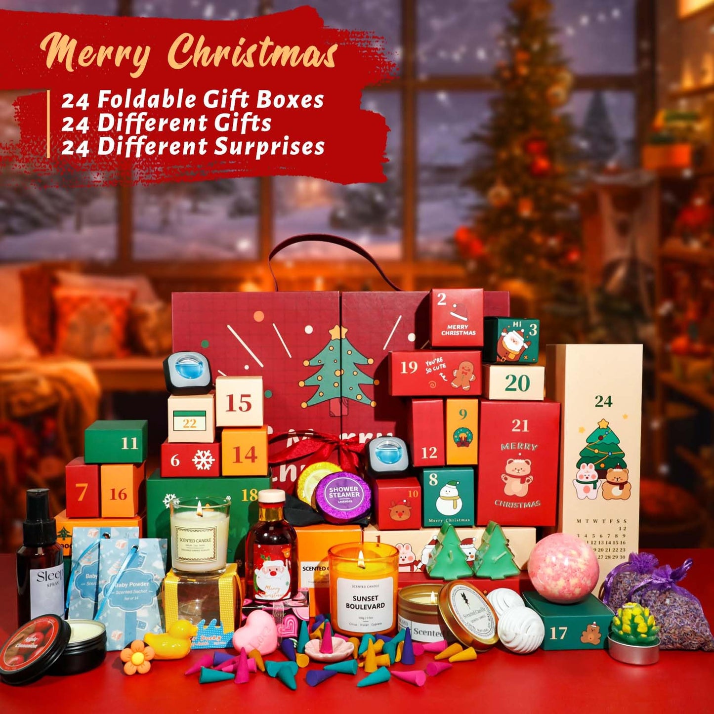 STRN Christmas Countdown Gift Box - 24 Days of Holiday Joy | Scented Wax Cubes, Scented Candle, Fragrance Sachets & More | Home Holiday Decor, Advent Calendar for Adults, Christmas Gifts