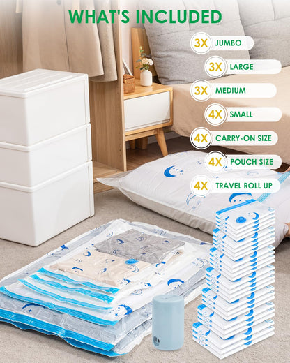 Travel Compression Bags, 25 Pack Vacuum Storage Bags with 1500mAh Rechargeable Battery, Vacuum Seal Bag for Space Saving Clothes, Blanket, Duvets, Pillows, Comforters, Travel Essentials, Luggage