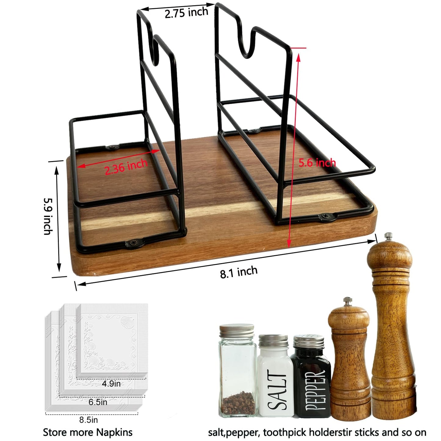 Napkin Holders for Kitchen Table, Rotating Wood Vertical Napkin Dispenser That Can Hold Salt and Pepper, Rustic Napkin Holder for Kitchen Dining Table Decor Brow Acacia