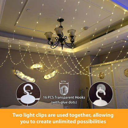 HXWEIYE 300LED Fairy Curtain Lights, 9.8x9.8Ft USB Plug-in 8 Modes Christmas String Hanging Lights with Remote for Bedroom Backdrop Wedding Indoor Wall Decor, Warm White, Tangle-Free – 1 Pack