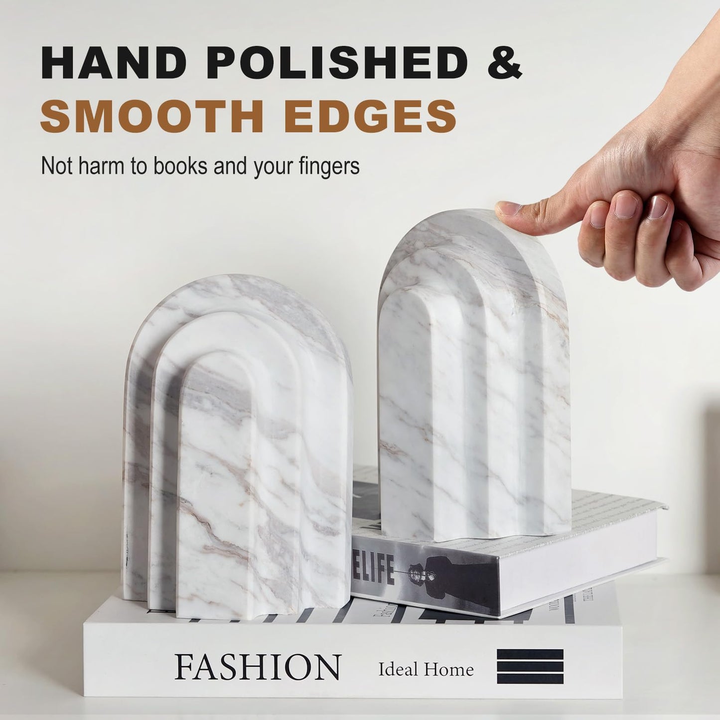 Natural Marble Book Ends - Heavy Duty Bookends for Shelves - Aesthetic Layered Arch Design Stone Book Holders, Modern Office Bookshelf Stopper Decor for Books/CDs (Volakas)