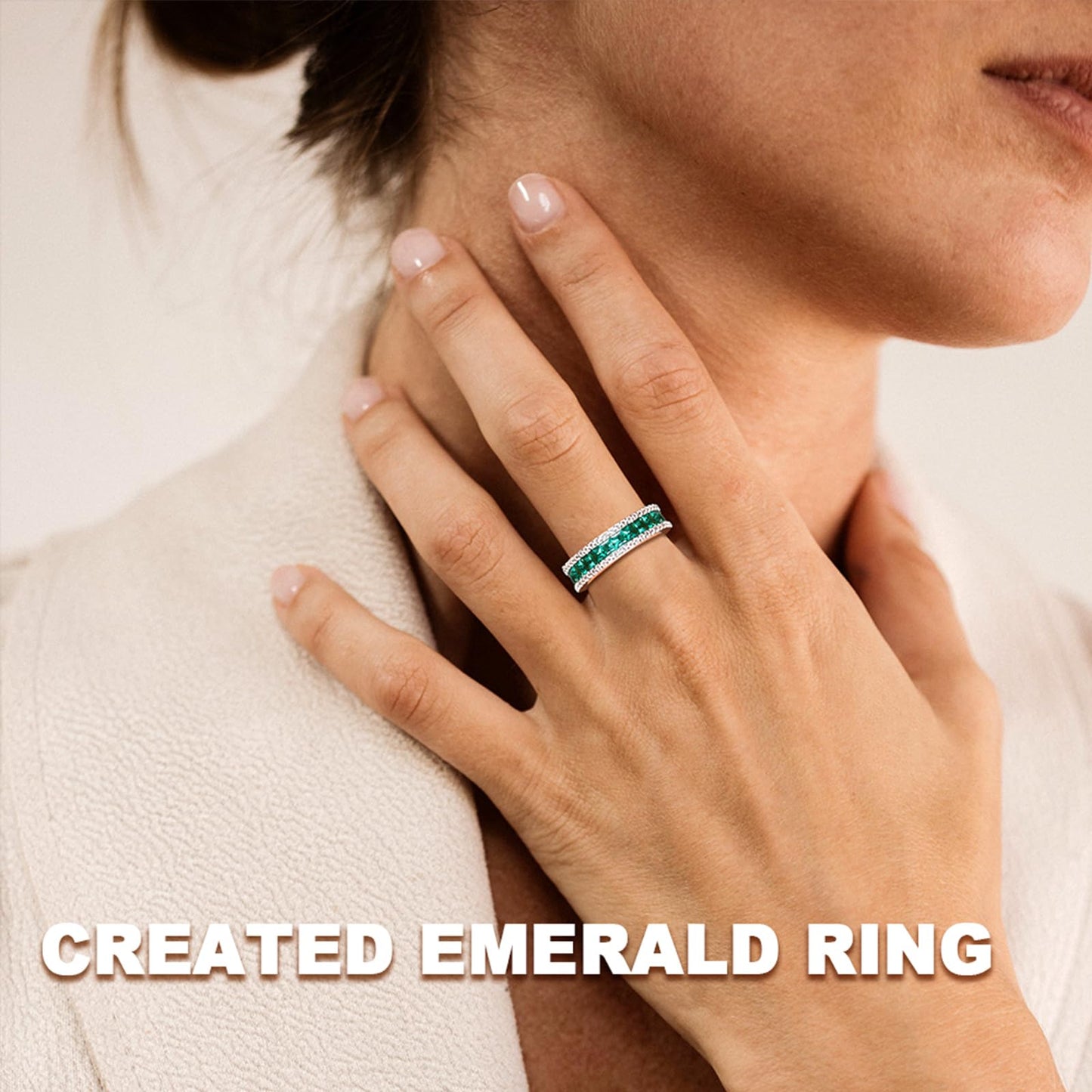 RANDES Created Emerald Eternity Rings for Women White Gold Plated Sterling Silver Channel Set Band Green Gem Anniversary Birthstone Ring Size 6