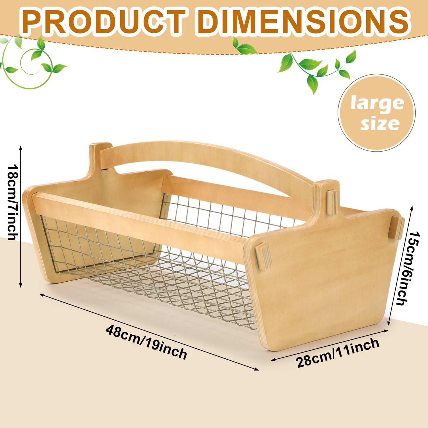 Teenyyou Large Garden Hod Harvest Basket 19 x 11 x 6 Inch, Wooden Gathering Basket with Handle Wire Mesh for Gardening Christmas Gardener Gifts Outdoor Picking Washing Holding Fruits Vegetables
