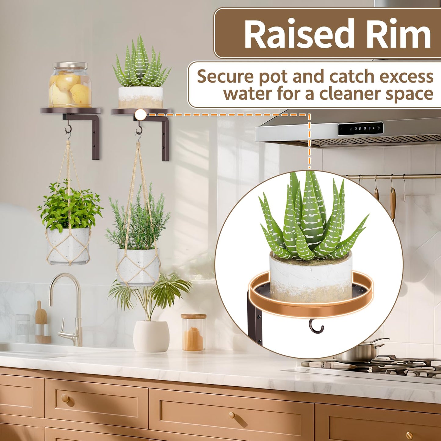 LASZOLA Plant Hangers Shelves Wall Mounted Indoor, Metal Window Plant Holders, 2Pcs Modern Floating Flower Display Stand with 2 Hooks for Outdoor Kitchen Bathroom Decor, Bronze
