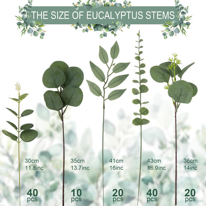lovemoon 130 Pcs Artificial Mixed EucalyptusStems Bulk, 5 Kinds of Faux GreeneryEucalyptus Leaves Bulk for Vase Wedding DIY Bouquets Floral Arrangement Home Decor (130, Green)