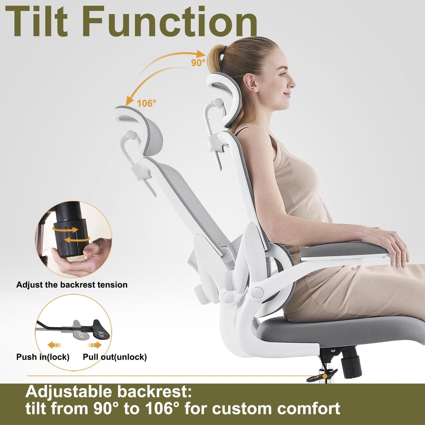 TONFARY Ergonomic Home Office Chair, High Back Mesh Desk Chair with Adjustable Lumbar Support, Flip-up Armrest, Removable Headrest, Swivel Computer Gaming Chair, Space Saving, 330LBS (White+Grey)