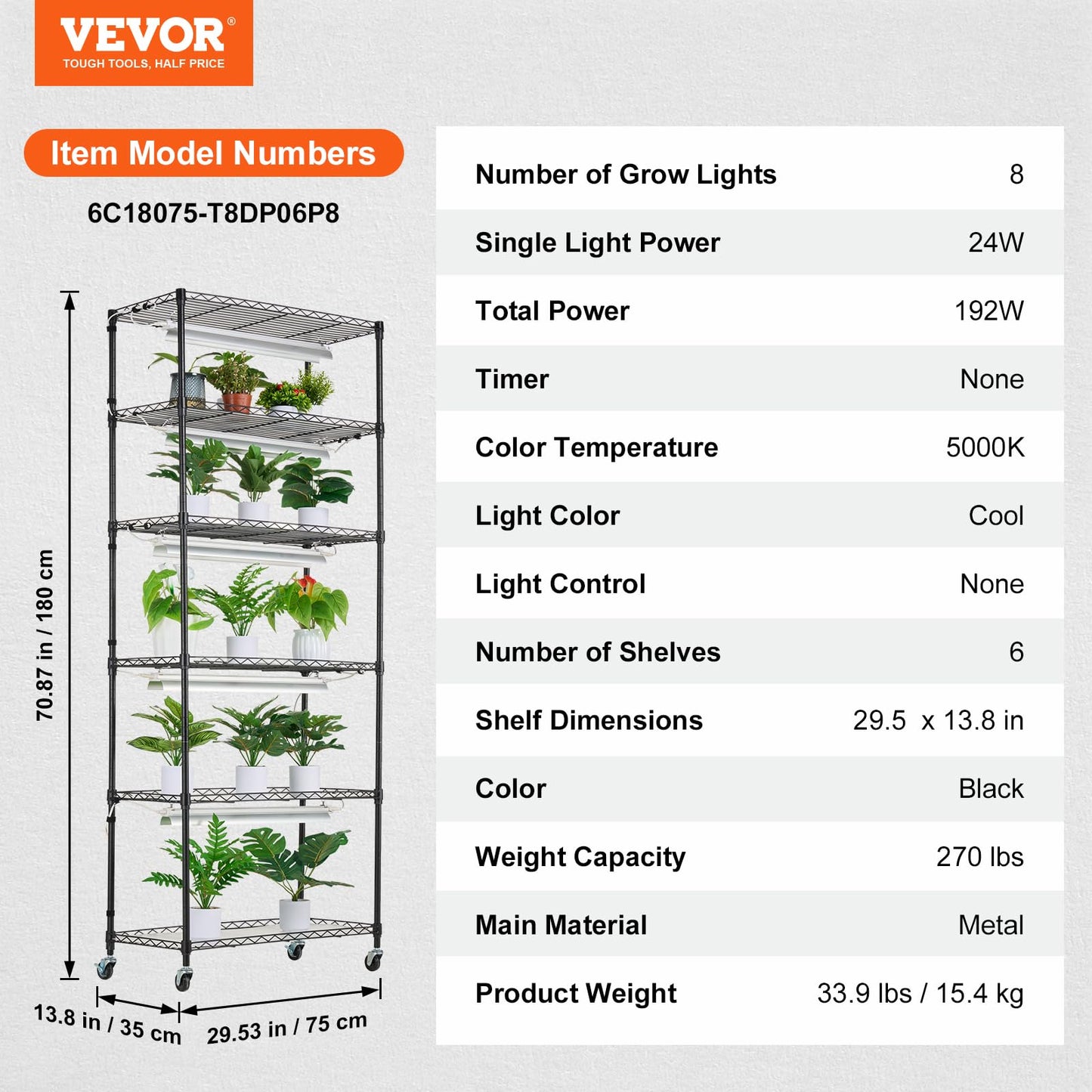 VEVOR DIY Plant Stand with Grow Light, 6-Tier Large Tall Plant Shelf with 192W 5000K Full Spectrum Grow Lights, Indoor Grow Light Shelf with Wheels for Seed Starting 29.5" L x 13.8" W x 70.9" H