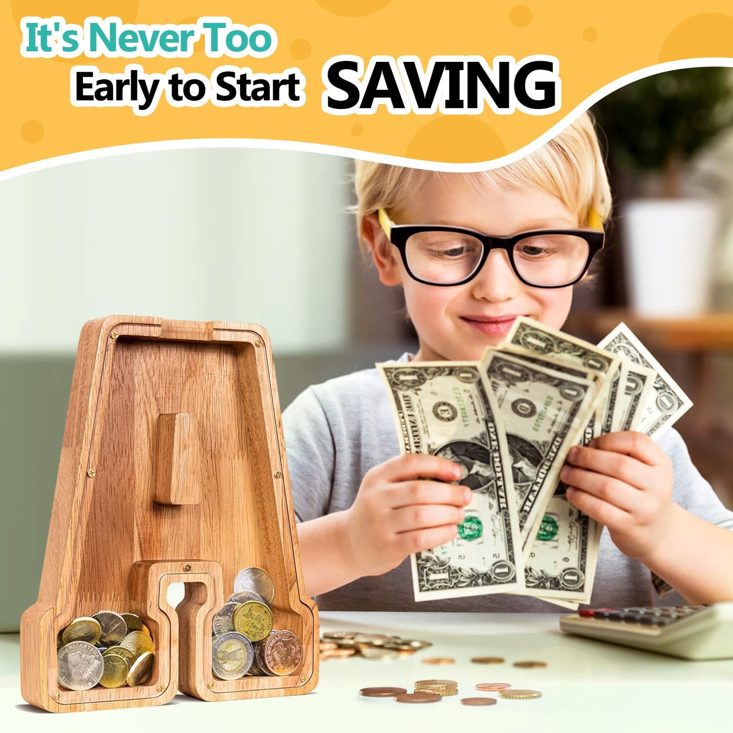 SummiDate Wooden Letter Money Box for Kids, Personalised Piggy Bank for Boys Girls Toddler, Alphabet A Money Banks| Coin Bank Birthday Gift for Kids|Children's Gift(Initial-A)