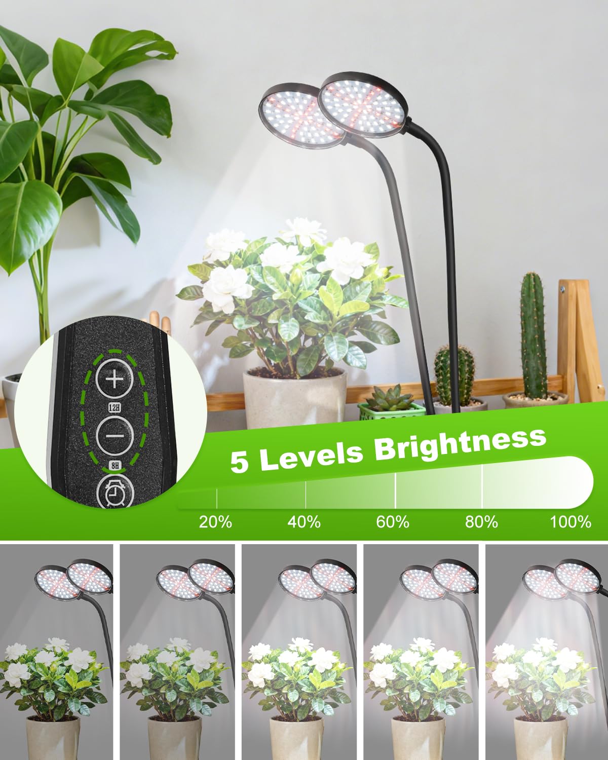 Grow Lights for Indoor Plants Full Spectrum, Clip On Plant Light with Timer 4/8/12/18H, Adjustable Gooseneck, 5 Dimming Levels, LED Grow Lamp for Houseplants