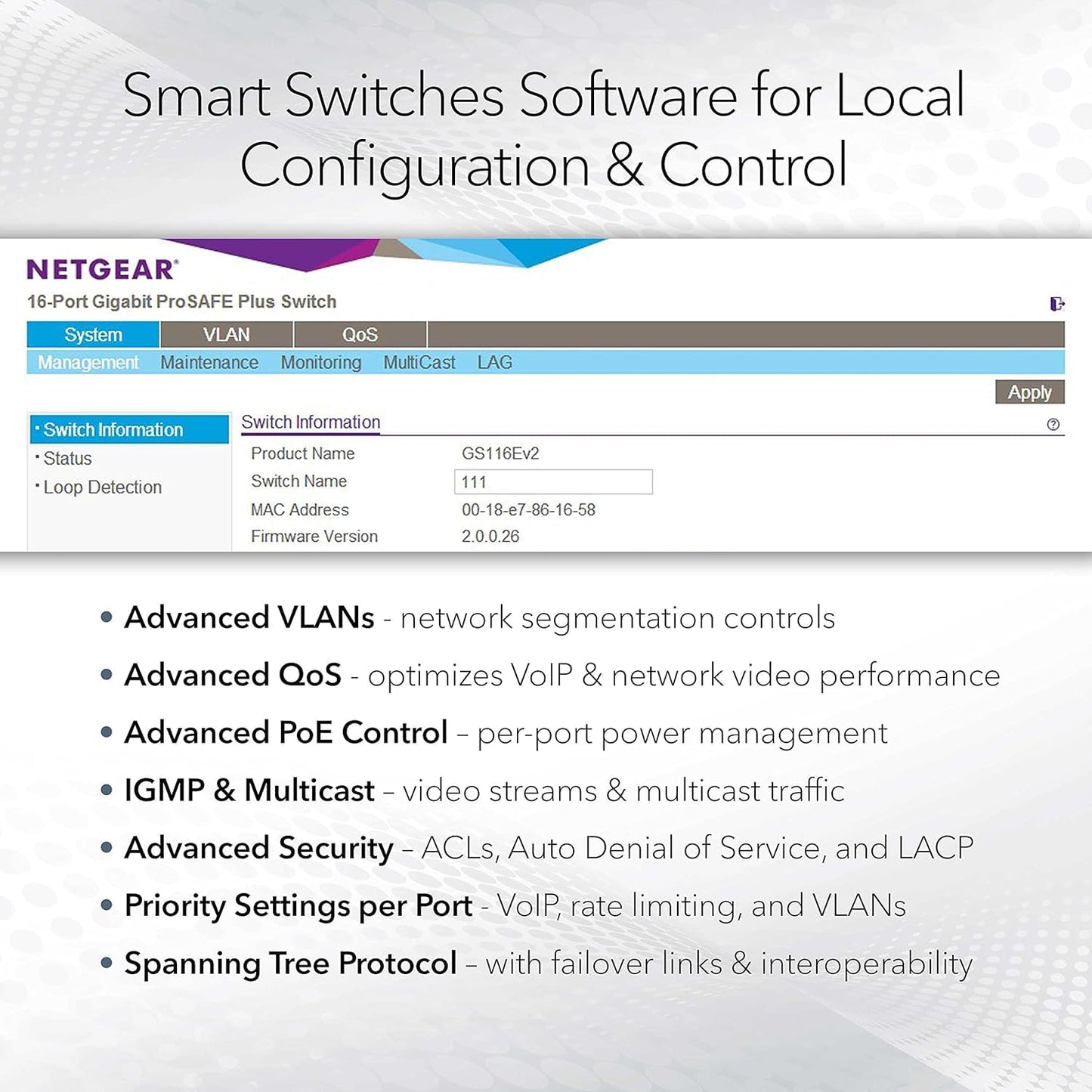 NETGEAR 8-Port Gigabit Ethernet Smart Switch (GS108T) - Managed, with 1 x PD Port, Optional Insight Cloud Management, Desktop or Wall Mount, Silent Operation, and Limited Lifetime Protection