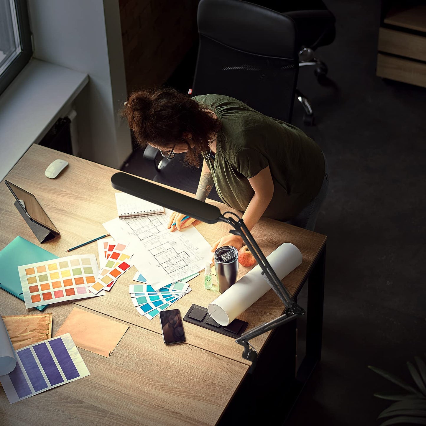 SKYLEO Desk Lamp - 80cm Desk Light - 5 Color Modes X 11 Brightness Levels - Adjustable Swing Arm - Timmer & Memory Function - 12W Study Lamp - Black