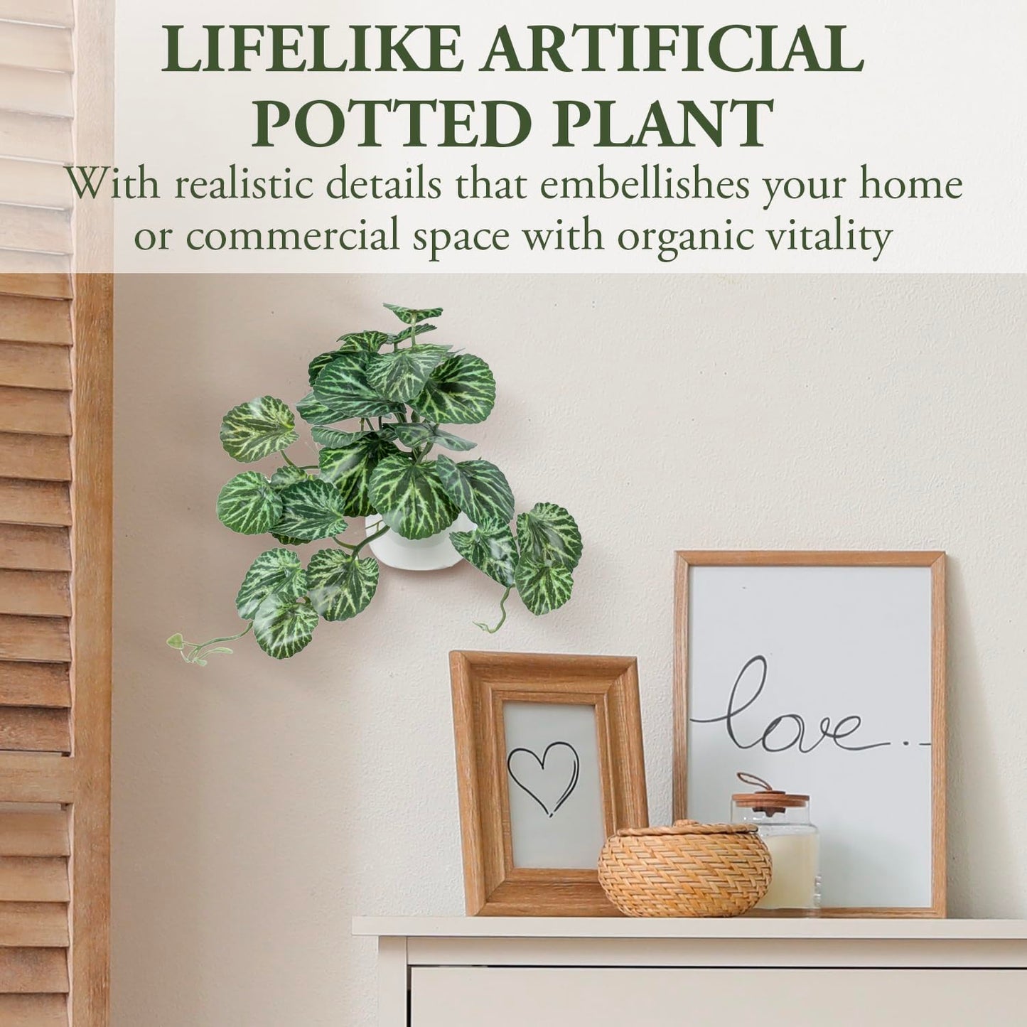 MyGift Single Wall Mounted Artificial Green Leafy Draping Plant Potted in White Ceramic Pot, Faux Begonia Imperialis X Pustulata Decorative Hanging Planter with Trailing Leaves