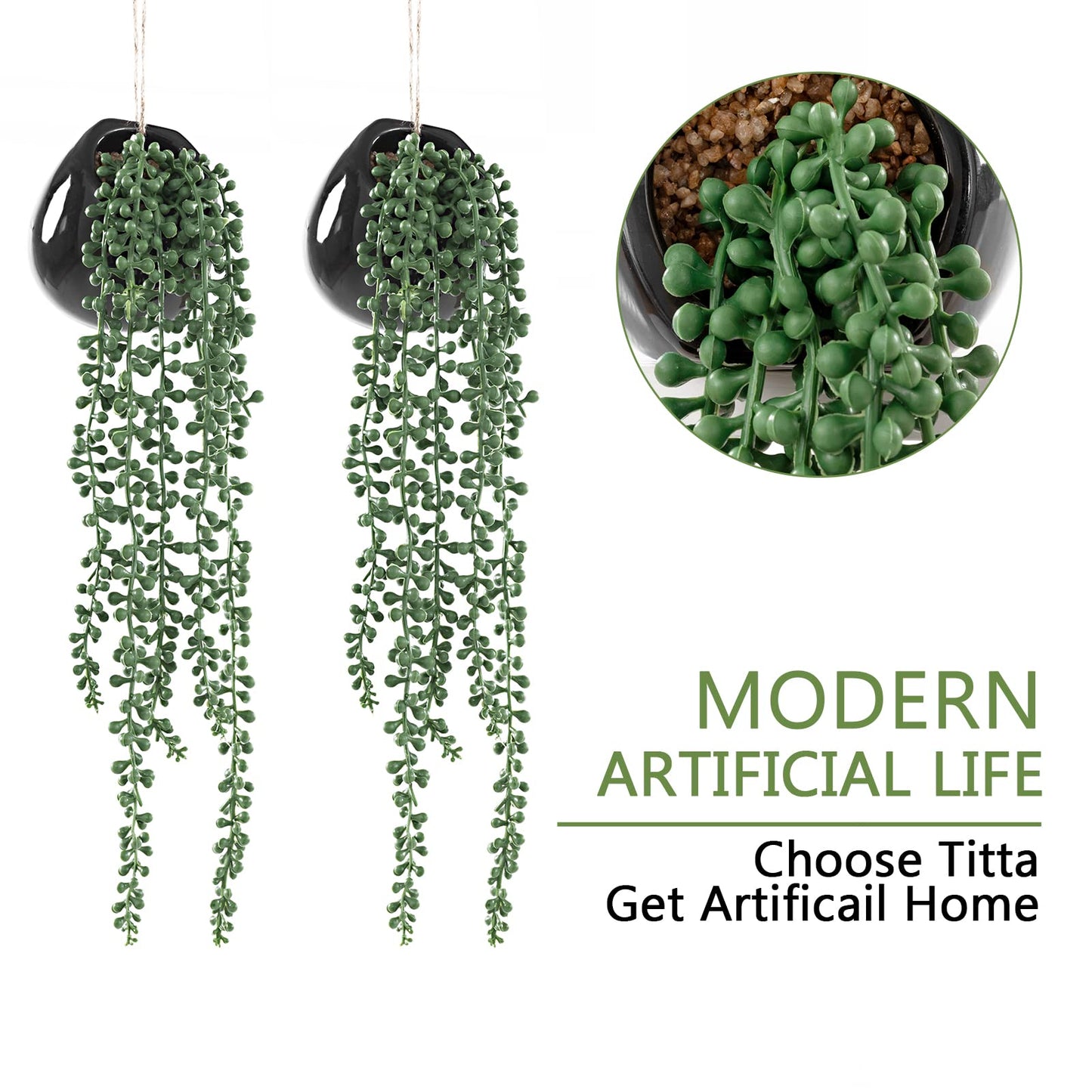 Tiita Artificial Hanging Plants, Faux Succulents in Pots, Realistic String of Pearls Plants for Home Office Accessories Window Sill Bathroom Bedroom Fake in Black Ceramic Pots, Set of 2