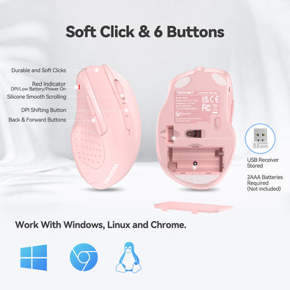 TECKNET Wireless Mouse, 2.4G Ergonomic Optical Mouse, Computer Mouse for Laptop, PC, Computer, Chromebook, Notebook, 6 Buttons, 24 Months Battery Life, 2600 DPI, 5 Adjustment Levels