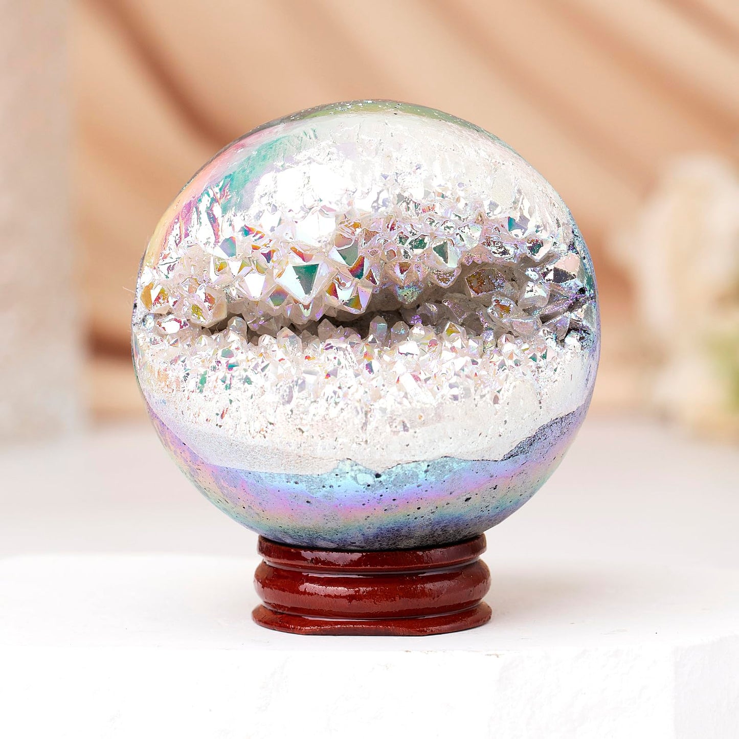 dssmboom White AB Titanium Coated Geode Stone Sphere with Wooden Stand for Home Decor, Rock Quartz Crystal Ball for Fengshui, Divination, Meditation, 61mm-70mm