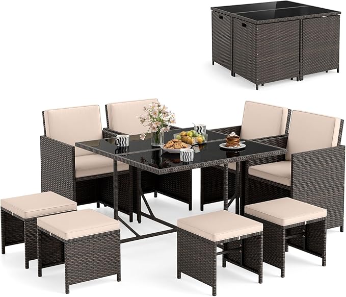 Tangkula 9 Piece Patio Dining Set, Rattan Chairs
