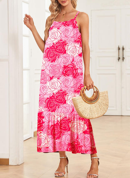 Dokotoo Women Summer Dresses 2025 Spaghetti Strap Scoop Neck Smocked Ruffle Flowy Boho Maxi Dress