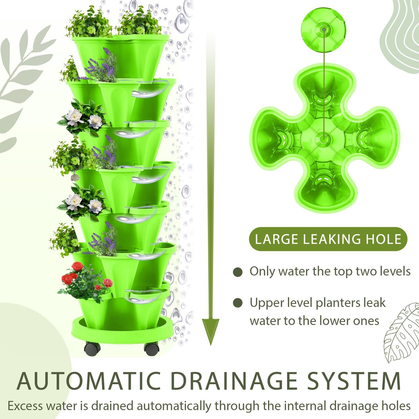Umigy 2 Set of 7 Tier Vertical Planter Stackable Tower Planters Strawberry Herb Flower and Vegetable Pots Indoor Outdoor Gardening Pots with Removable Wheels and Tools(Light Green)