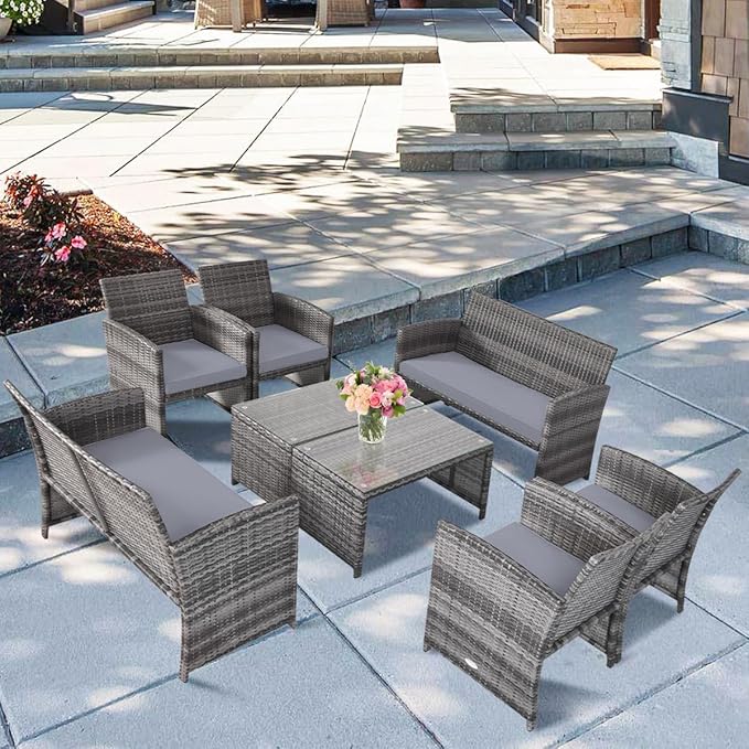 Tangkula 8 Pieces Patio Wicker Conversation Furniture Set, Patiojoy Sofa &